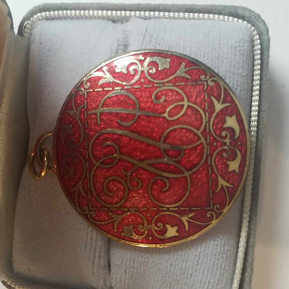 Red Enamel on Goldtone Monogram Style Pendant.